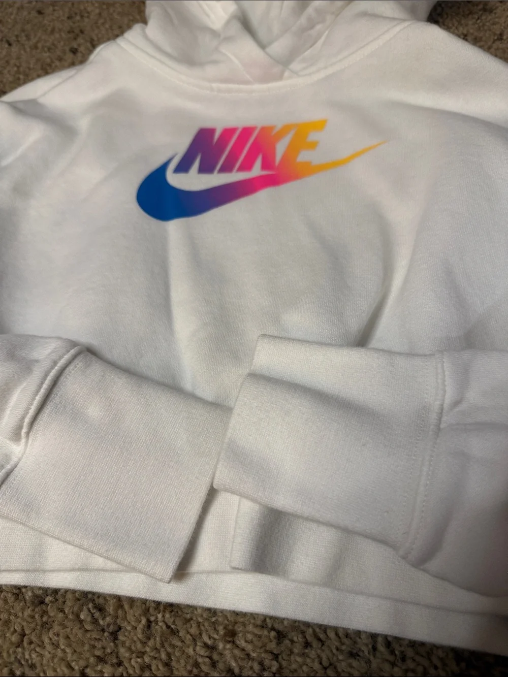Nike White Cropped Hoodie with Gradient Logo
